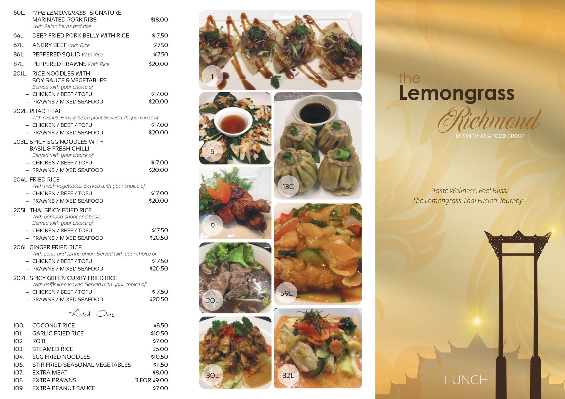 A menu for a restaurant called the lemongrass richmond