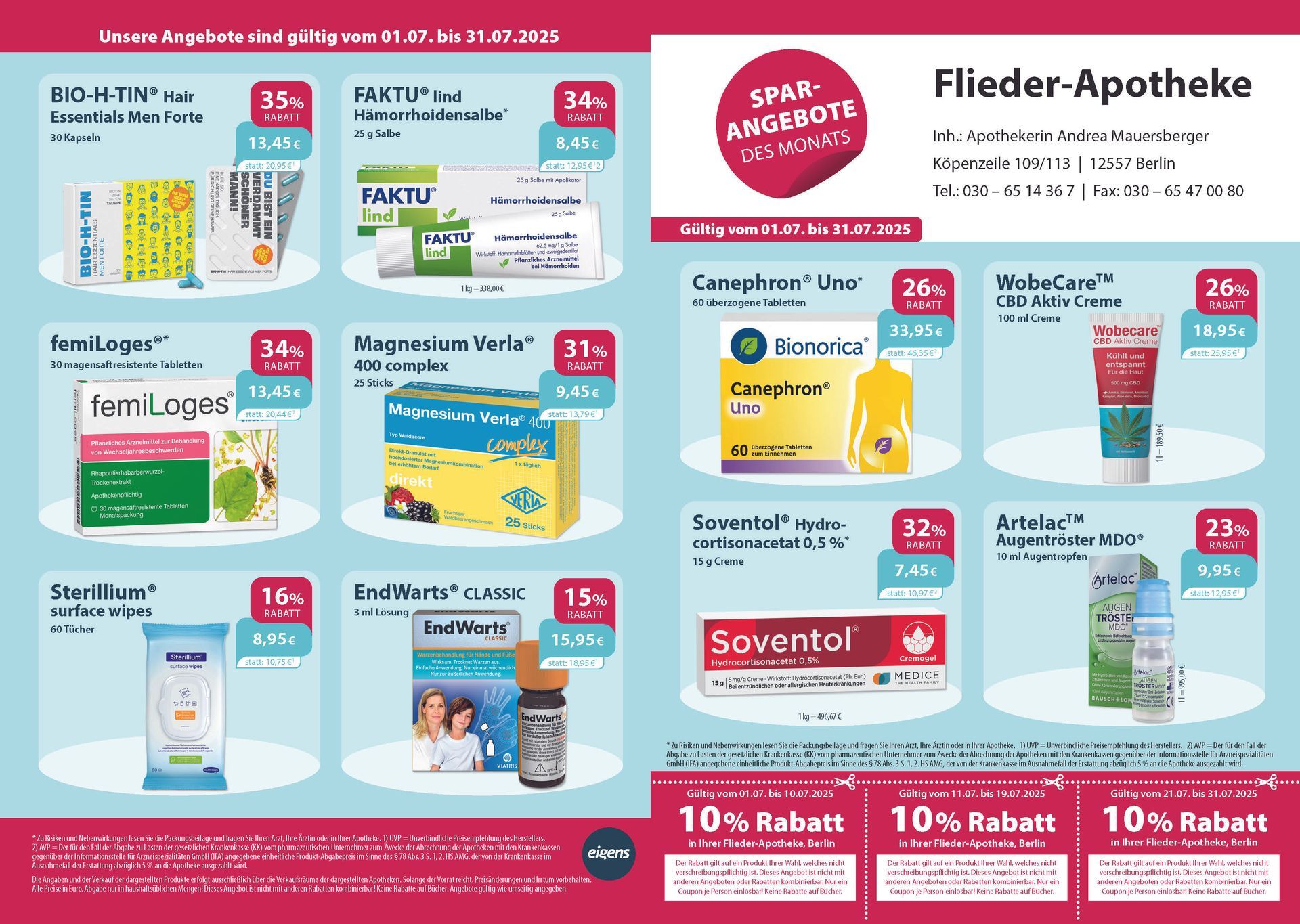 Ein Flyer der Fleeder-Apotheke zeigt eine Produktvielfalt