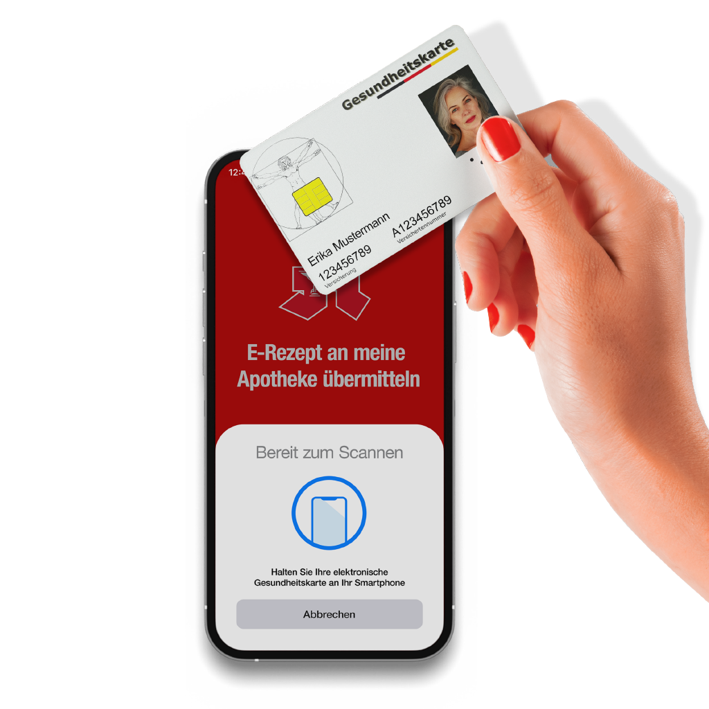Eine Hand hält eine Krankenversicherungskarte über ein Smartphone; auf dem Bildschirm werden Optionen für ein E-Rezept angezeigt.