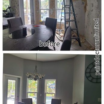 Before and after photos of a dining room, showing wallpaper removal and fresh paint in a light gray color.