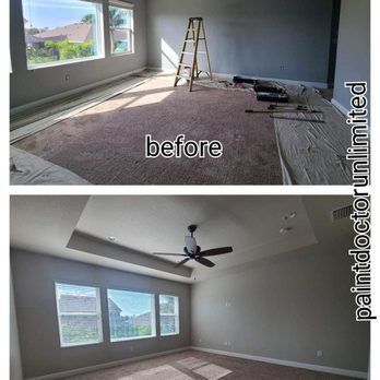 Two-part photo: Before room with carpet and ladder, after with ceiling detail and tan paint.