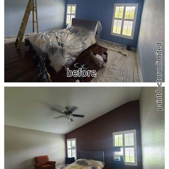 Bedroom before and after painting. Top: blue walls, covered bed. Bottom: red accent wall, new ceiling fan.