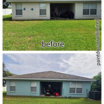Before and after exterior house painting; beige to blue-green color. Green grass and blue sky.