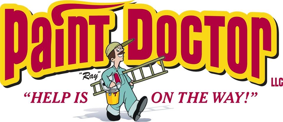 Paint Doctor logo: cartoon painter with ladder and paint bucket, 