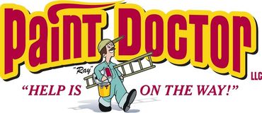 Paint Doctor logo: cartoon painter with ladder and paint bucket, 