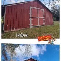 Red barn with weathered wood before and after photos.