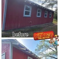 Red building before and after painting. Shows three windows, trees, and 