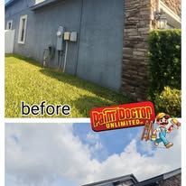 Before/after exterior house painting. Blue house, green lawn, cloudy sky, and painter logo.