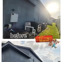 Before and after shots of a house painted blue with the 