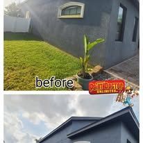 Before and after of a home's exterior painting, showing a green lawn and plants with gray house.