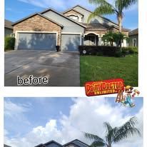 Before & after of a house with garage, showing painted exterior and lawn.