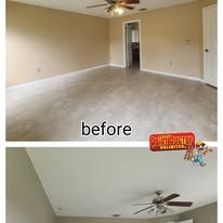 Two photos: room with tan walls and concrete floor (before) and a room with white ceiling and fan.