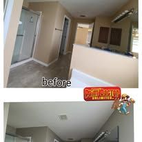 Comparison of a room before and after renovation, with a shower and freshly painted walls.