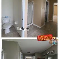 Two photos: Before shot of a bathroom, beige walls, toilet, door. After: Same space, cleaner, painted.