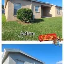 Before and after exterior paint job on a house. Before photo shows a beige house and green lawn.