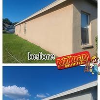 Before and after exterior wall painting; cream-colored house, green grass, blue sky.
