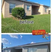 Before and after photos of a house; the before photo shows overgrown lawn and a shrub.
