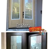 Before and after of a stained wooden door with glass panels. The 