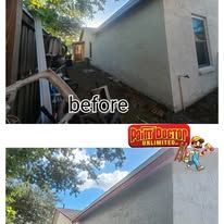 Before and after of house painting project.  Gray siding before, updated finish with a dark trim.