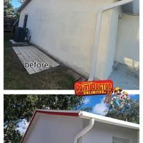 Before and after images of a house with white paint, showing deck and gutter repair.