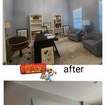 Comparison of a room before and after renovation, with furniture, paint, and new carpet.