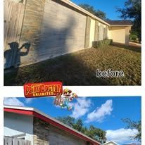 Before/after view of a house. Before: weathered siding and overgrown yard. After: new siding with a fresh look.