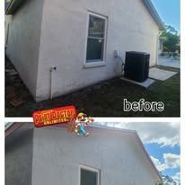 Exterior view of a house before a cleaning; dirty siding, window, and an AC unit.