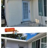 Exterior before and after: white house with door.