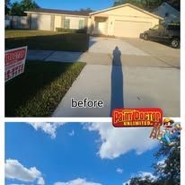 Before/after of a house exterior with a driveway. 