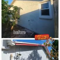 Before and after exterior house painting; stucco siding, window, trees.