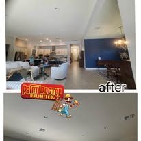 Before and after interior paint job: open living space with blue wall and light ceilings.