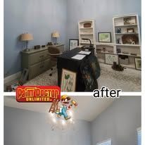 Comparison of a cluttered office space (before) and a newly renovated space (after).