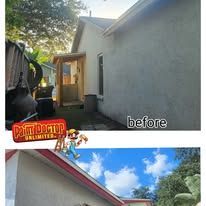 Before and after photos of a house; the before shows faded paint, the after shows freshly painted exterior.