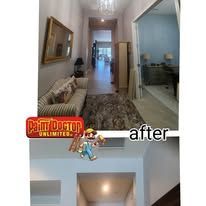 Before and after hallway painting comparison. The after picture shows updated paint, rug, and cleaner aesthetic.