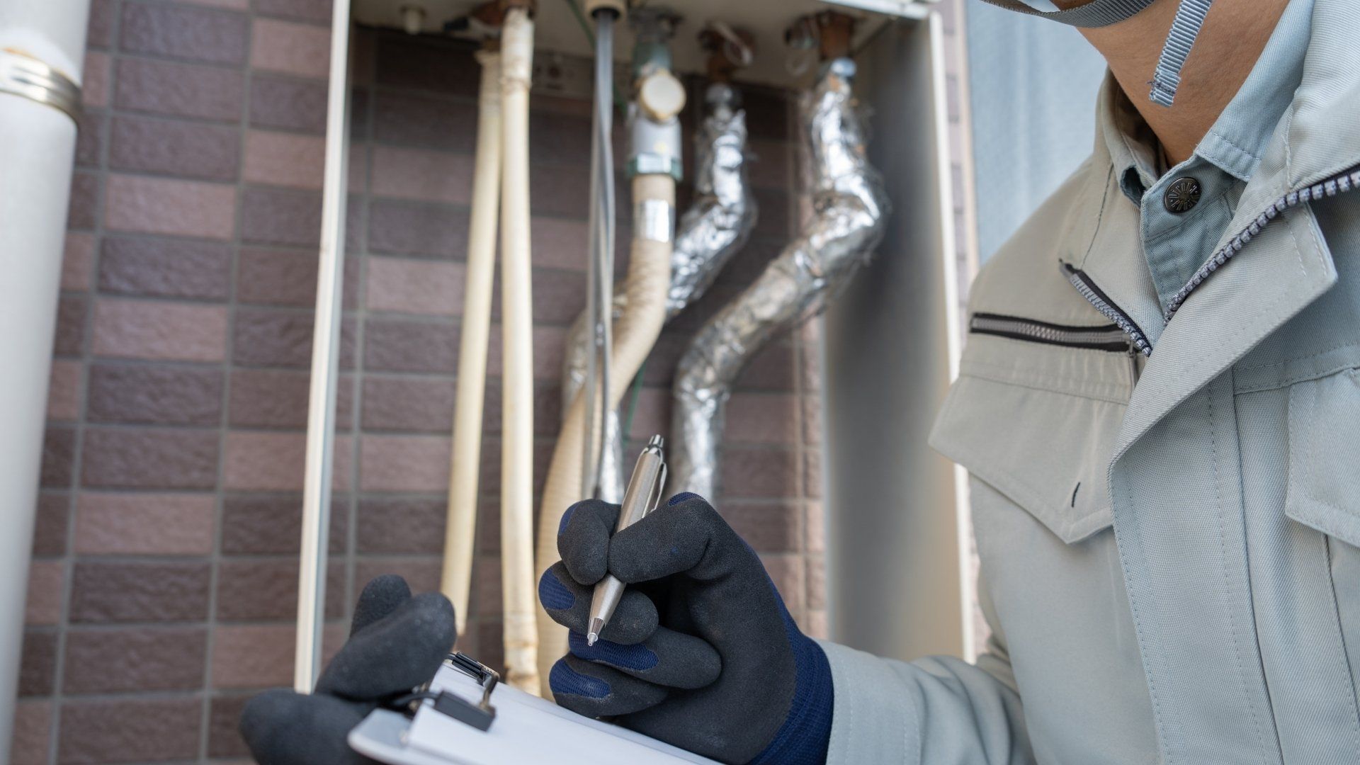 Un homme tient un presse-papiers et un stylo tout en travaillant sur un tuyau.