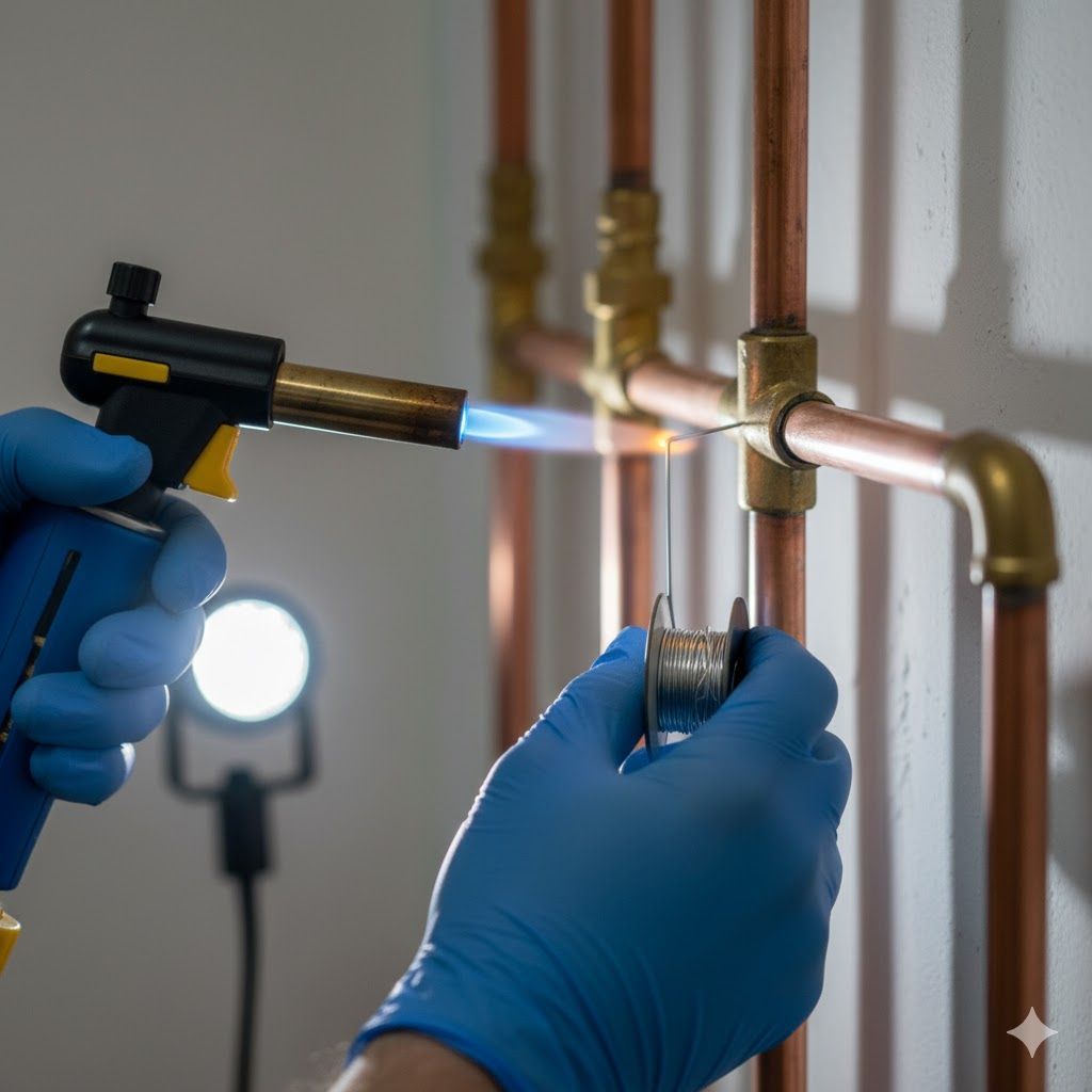 Hands in blue gloves use a blowtorch and solder to join copper pipes in a plumbing setup.