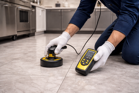 A person in uniform and white gloves uses a floor moisture meter to test tile in a kitchen setting.