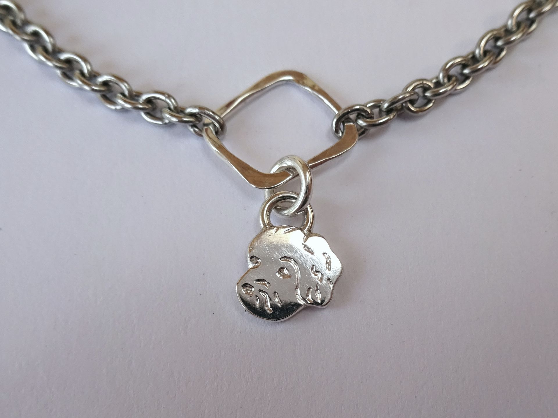 Zilveren hangertje met de kop van een hond, labradoedel.