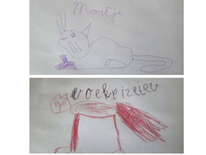 Kindertekeningen van poezen, gebruikt voor bedeltjes.