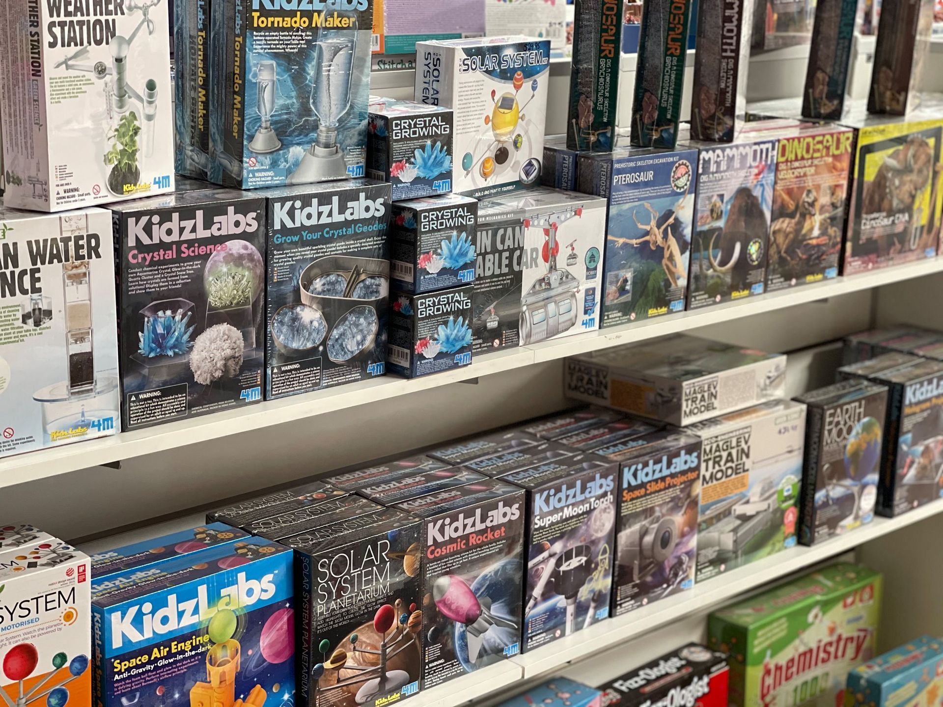 Shelves of Science Kits, Including Kidzlabs Crystal Sets, in a Store — Enterprise Electrics NT Pty Ltd in Tennant Creek, NT