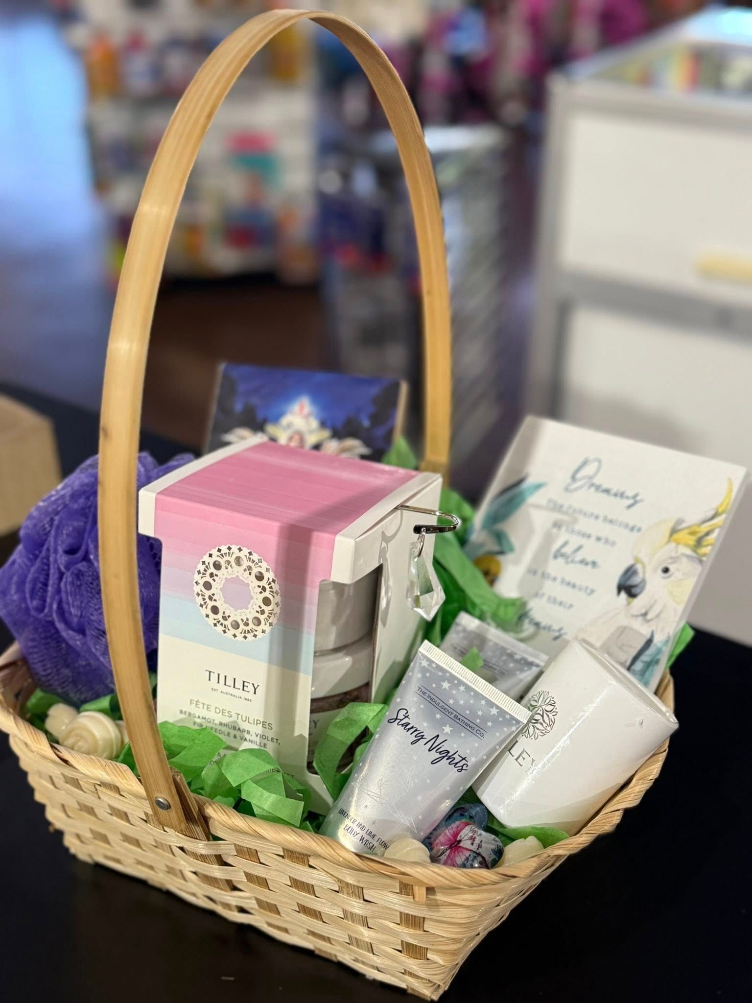 Gift Basket With Beauty Products: Lavender Loofah, Lotions, Candle, and a Greeting Card — Enterprise Electrics NT Pty Ltd in Tennant Creek, NT
