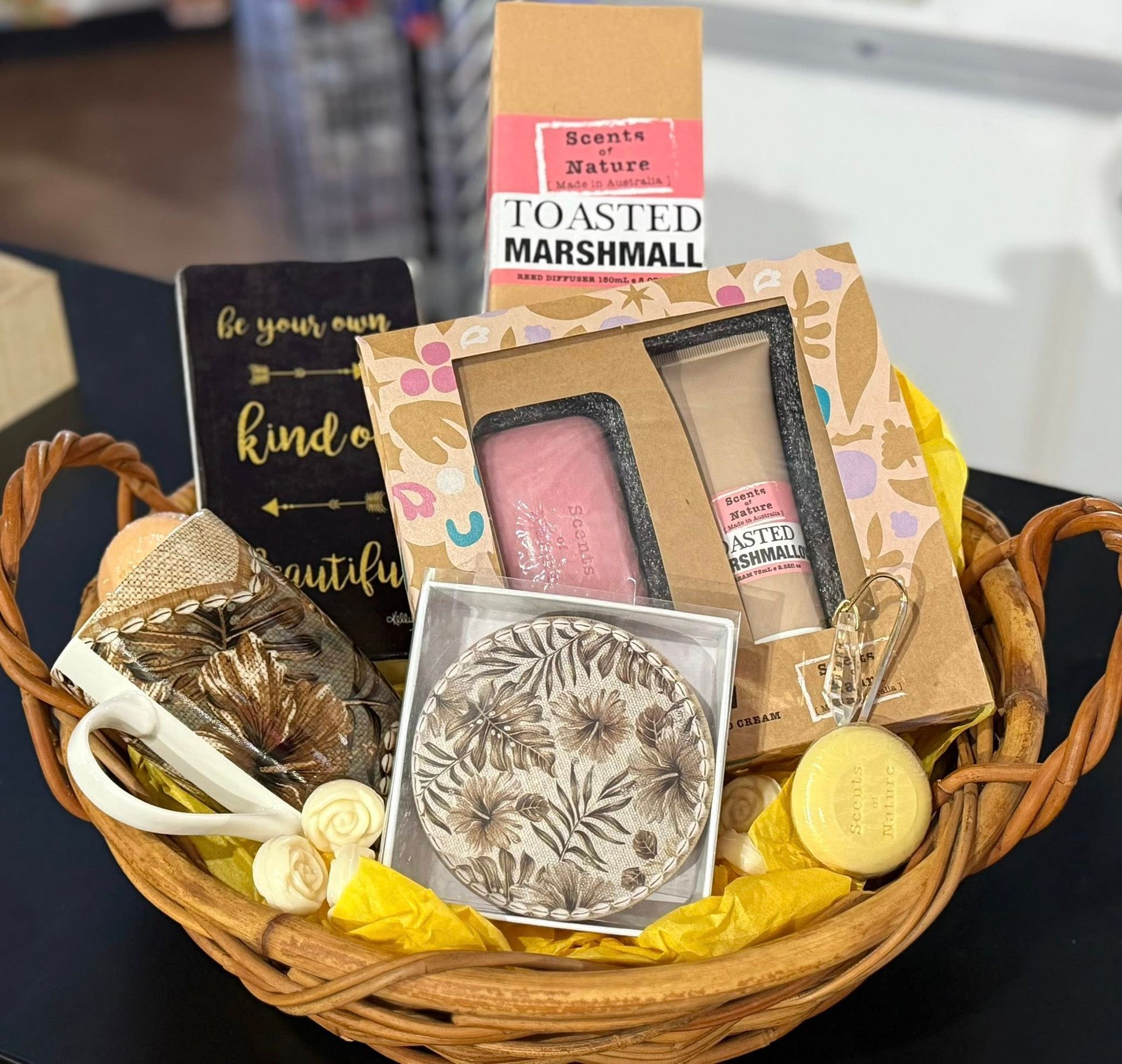 Gift Basket With Beauty Products, Including Soap, Lotion, a Journal, and Coaster, Set in a Wicker Basket — Enterprise Electrics NT Pty Ltd in Tennant Creek, NT
