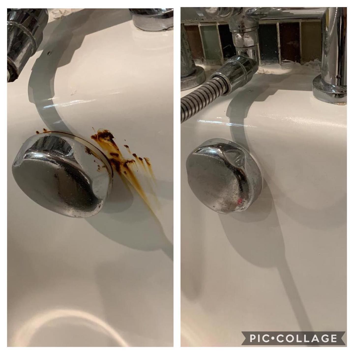 A before and after photo of a bathroom sink with rust on it.