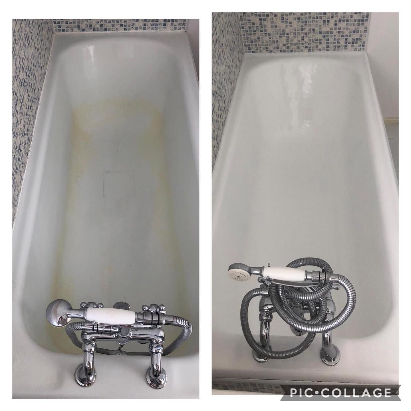 Two pictures of a bathtub before and after being cleaned