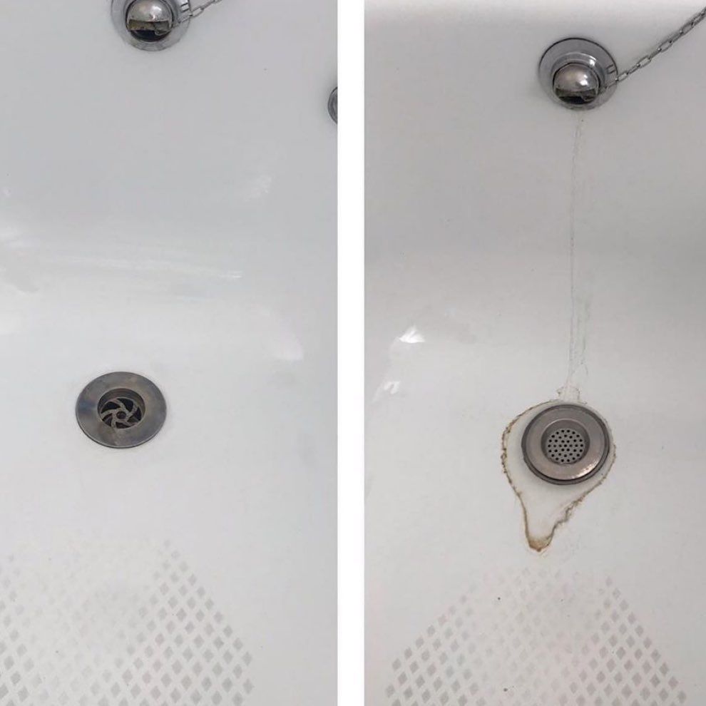 A before and after picture of a bathtub drain.