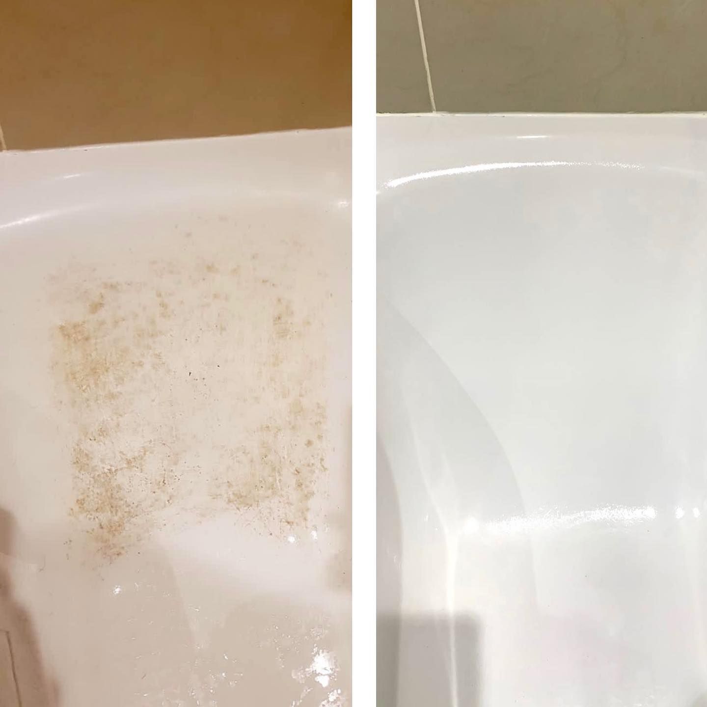 A before and after picture of a bathtub with stains on it.