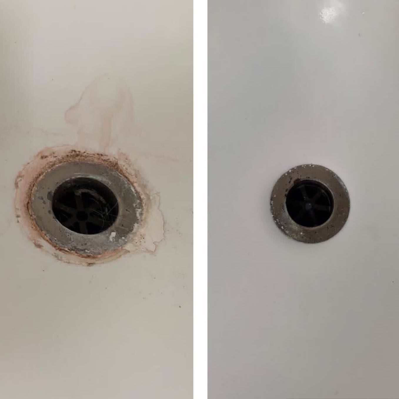 A before and after picture of a bathroom sink drain.