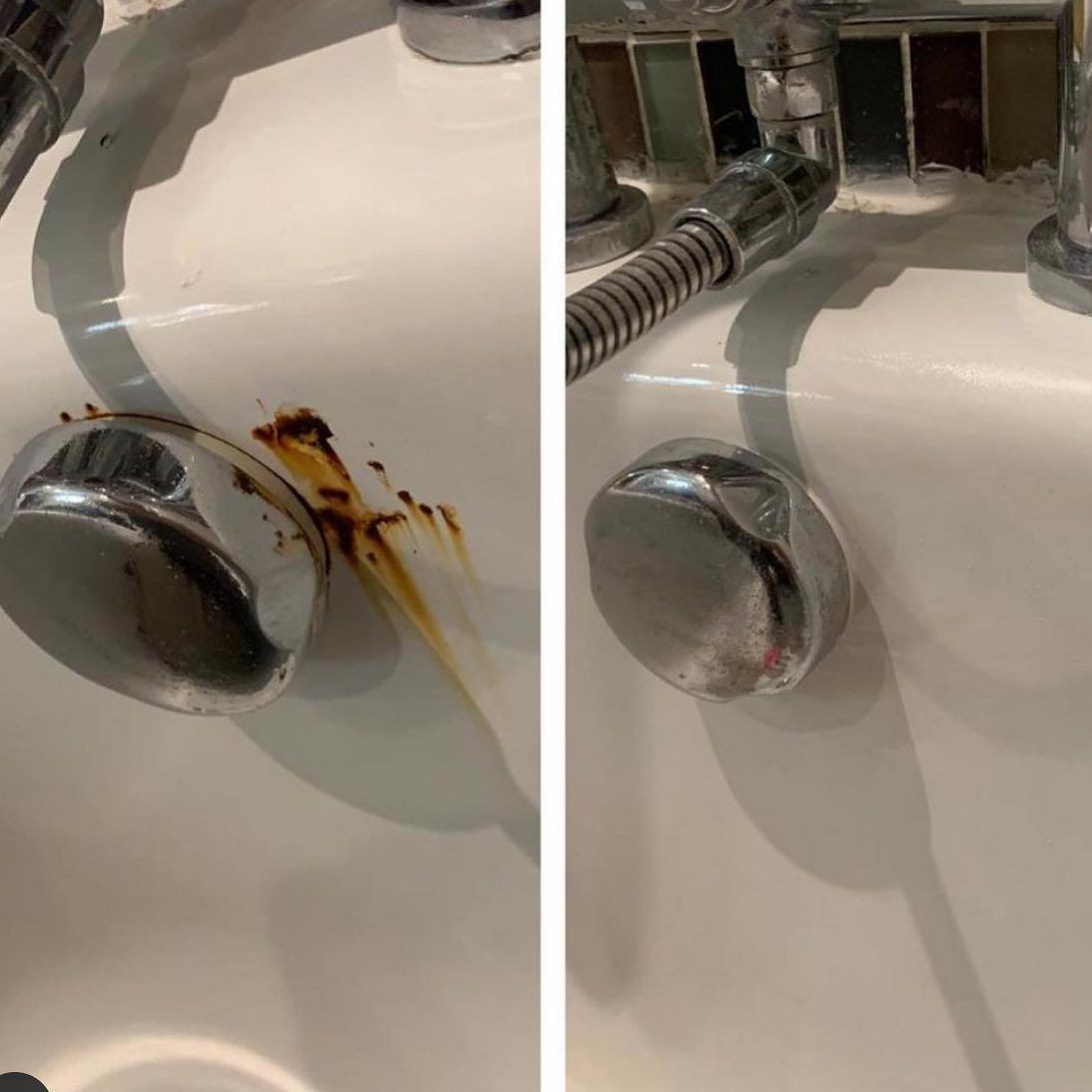 A before and after photo of a bathroom sink with rust on it.