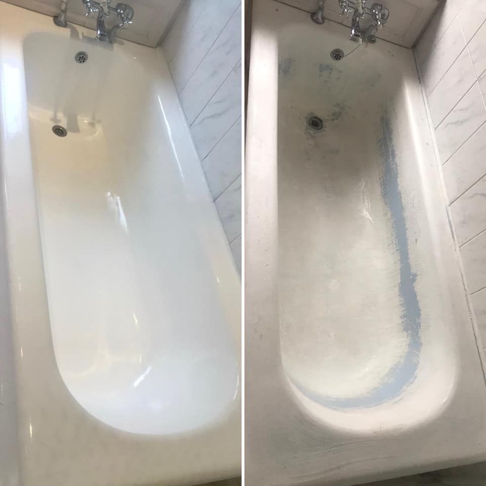 A before and after photo of a bathtub in a bathroom.