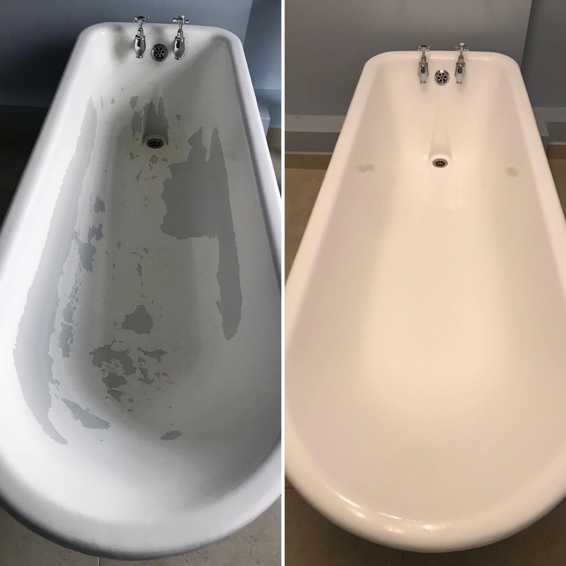 A before and after photo of a white bathtub.